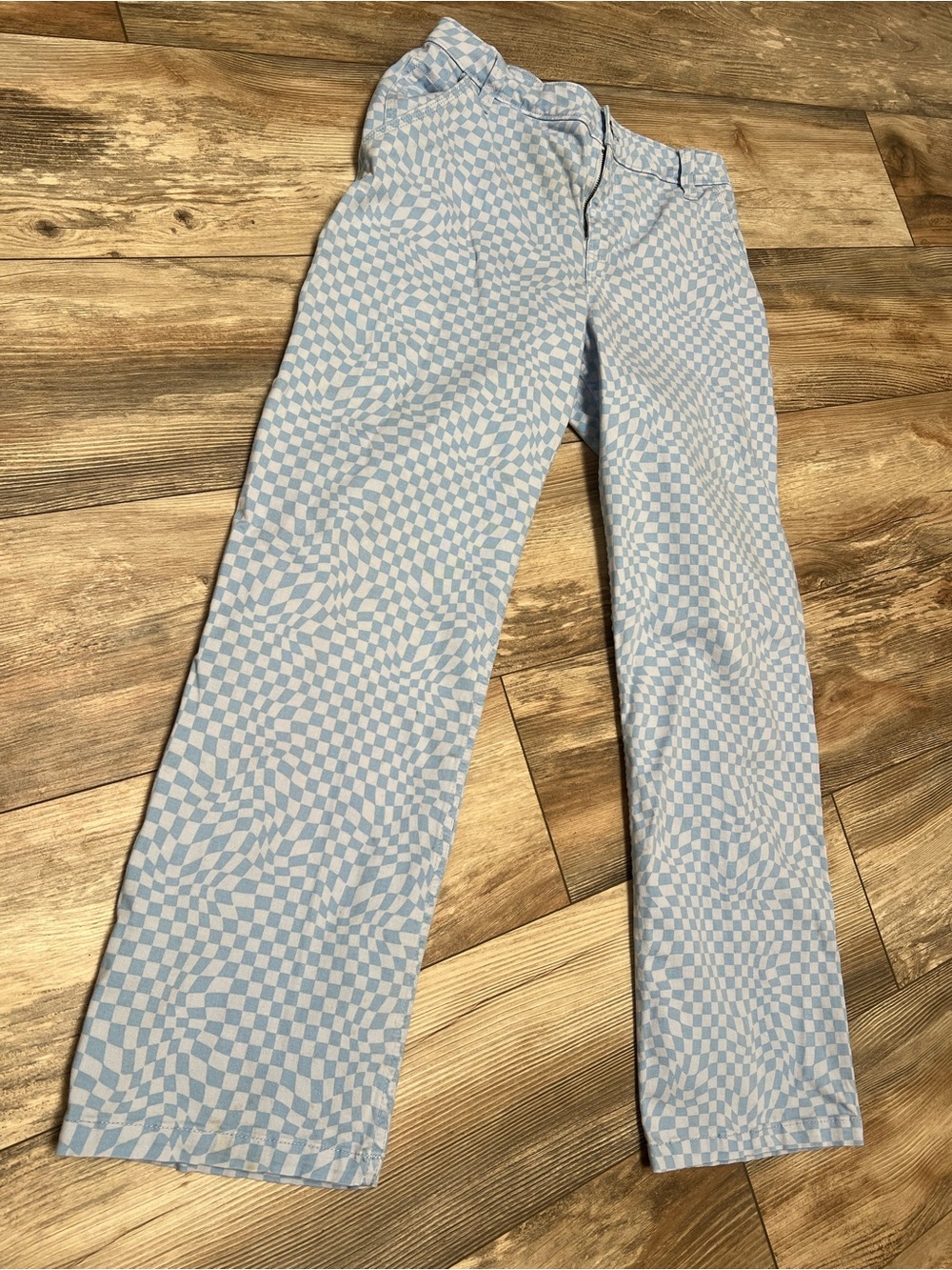 Hollister Light Blue wavy checkerboard high rise utility Dad pant